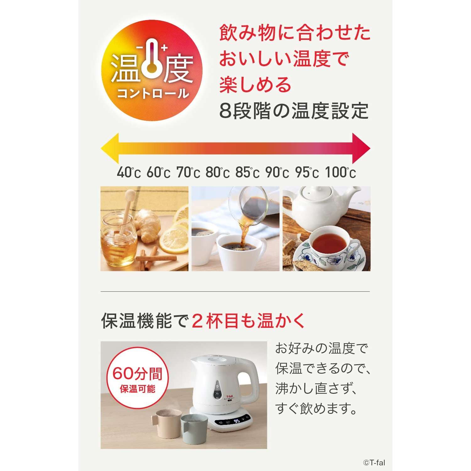 ティファール 電気ケトル 0.8L 温度調節 8段階 アプレシア ロック コントロール ホワイト